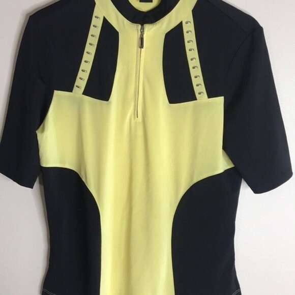 Jamie Sadock Black and Yellow Geometric Quarter Zip Golf Shirt Women's Medium - Picture 2 of 11
